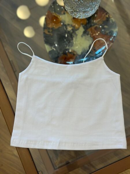 Beyaz Lastik Askılı Pamuklu Crop