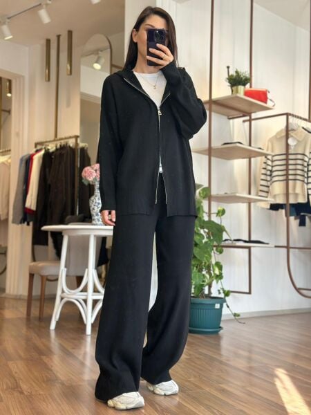 Siyah Kapüşonlu Oversize Triko Hırka Pantolon Takım