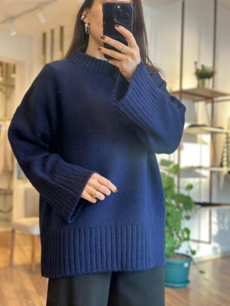 Lacivert Bisiklet Yaka Standart Beden Kazak