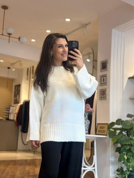 Ekru Bisiklet Yaka Standart Beden Kazak