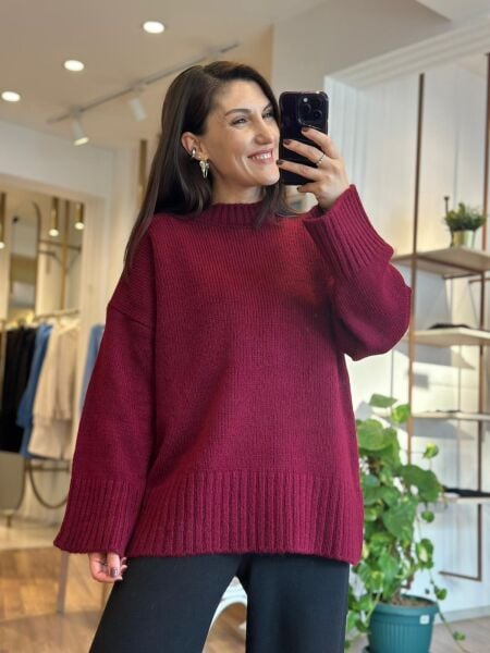 Mürdüm Rengi Bisiklet Yaka Standart Beden Kazak