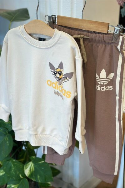 Krem Kedi Logolu Çocuk Eşofman Takımı