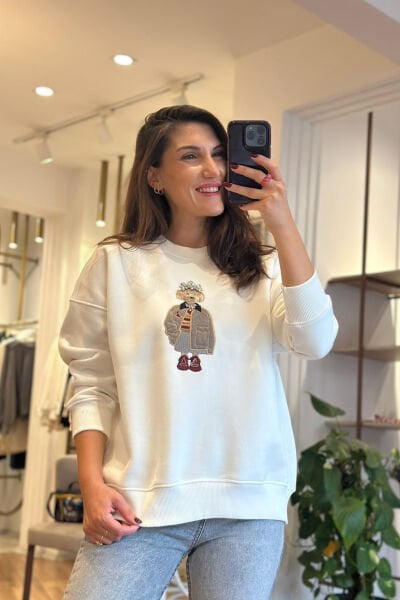 Ekru İçi Şardonlu ve Pamuklu Sweatshirt