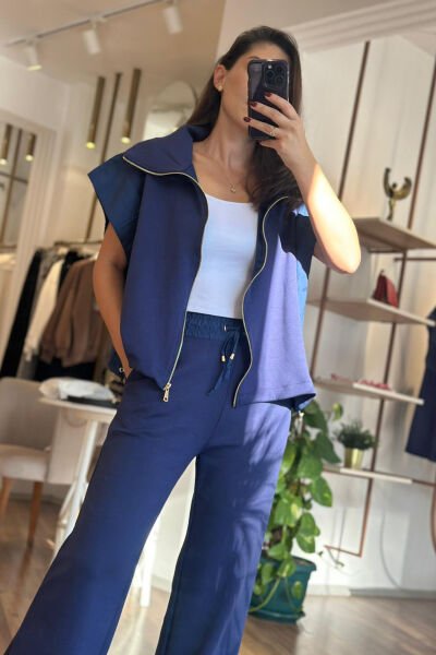 İndigo Mavi Modal Kumaş Yelek-Eşofman Takım