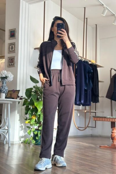 BClub Kahverengi Şerit Detaylı Modal Kumaş Alt-Üst Takım