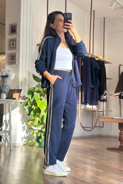 BClub Lacivert Şerit Detaylı Modal Kumaş Alt-Üst Takım