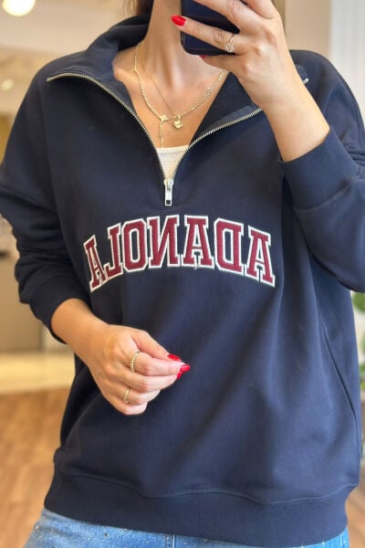 Lacivert Nakışlı Pamuklu Yarım Fermuarlı Sweatshirt
