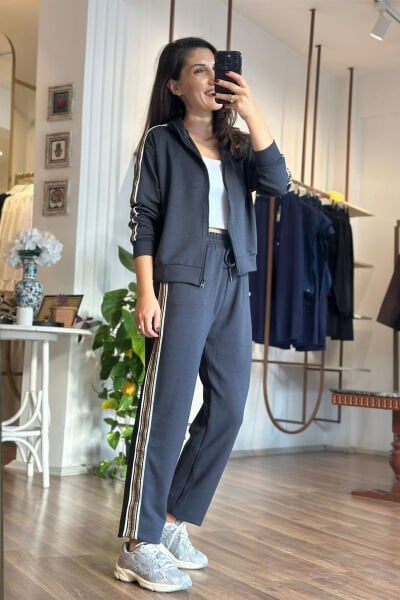 BClub Antrasit Şerit Detaylı Modal Kumaş Alt-Üst Takım