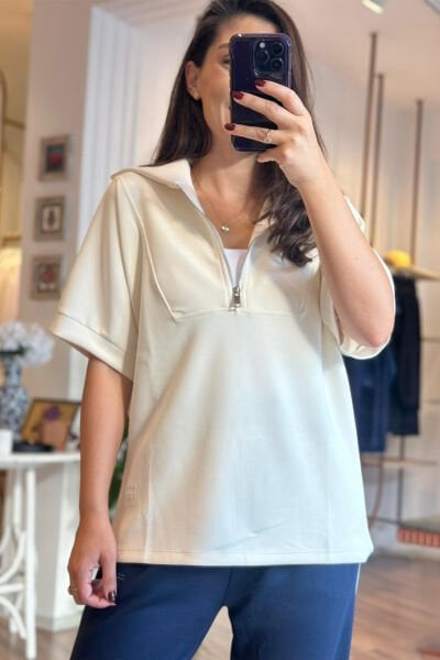 Ekru Modal Kumaş Polo Yaka Yarım Fermuar Kapamalı Bluz