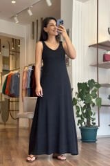 Kalın Askılı Siyah Renk Modal Kumaş Maxi Elbise