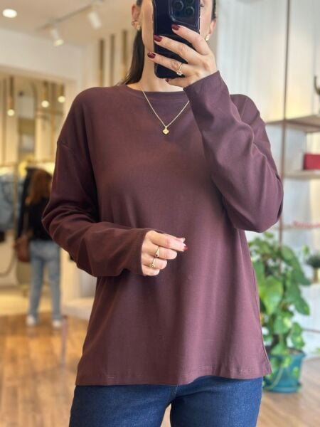 Kahverengi Bisiklet Yaka Uzun Kollu Pamuklu Tshirt