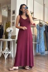 Kalın Askılı Bordo Renk Modal Kumaş Maxi Elbise