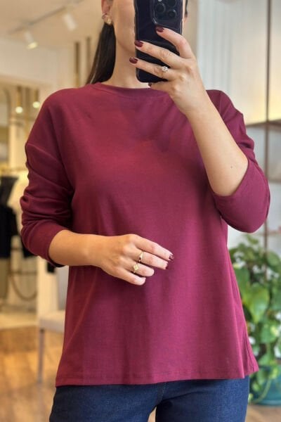 Bordo Bisiklet Yaka Uzun Kollu Pamuklu Tshirt