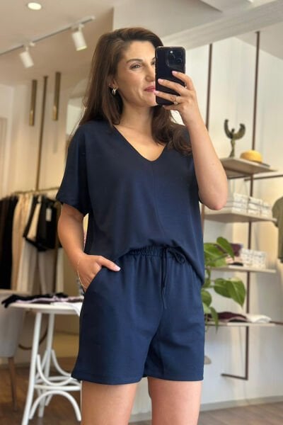 Lacivert Modal Kumaş Şortlu Takım