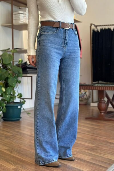 Mavi Yüksek Bel Kemerli Straight Jean