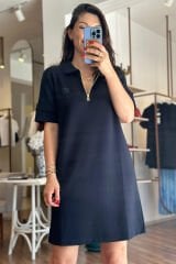 Polo Yaka Yarım Fermuarlı Lacivert Model Kumaş Elbise