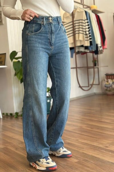 Mavi Yüksek Bel Çift Düğmeli Pamuklu Hige Rise Straight Jean