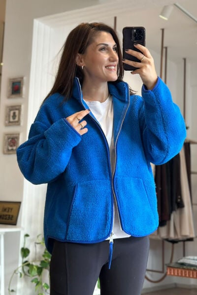 Mavi Standart Beden Önden Fermuarlı Polar Sweatshirt