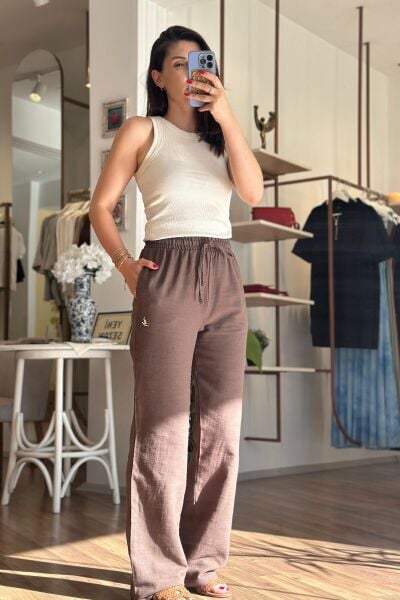 Kahve Beli Lastikli Pamuklu Bol Baça Pantolon