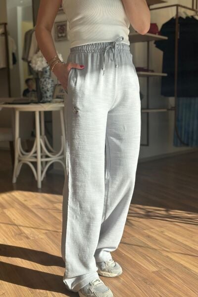 Gri Beli Lastikli Pamuklu Bol Baça Pantolon