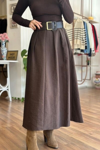 Kahverengi Yüksek Bel Kemerli Paraşüt Kumaş Etek