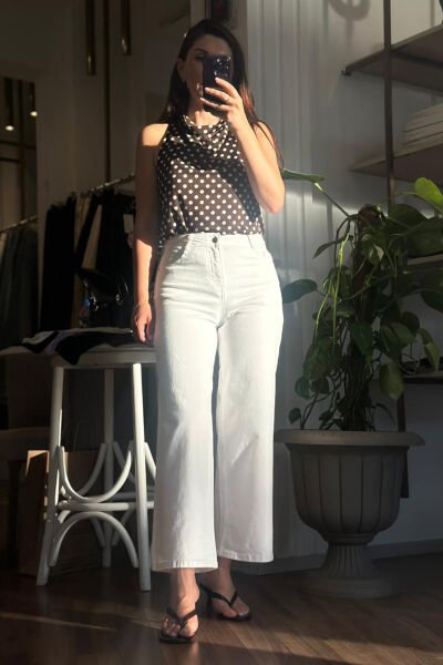 Beyaz Yüksek Bel Likralı Flare Jean