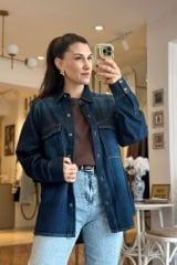 Massimo Lacivert Yumuşak Dokulu Oversize Denim Gömlek