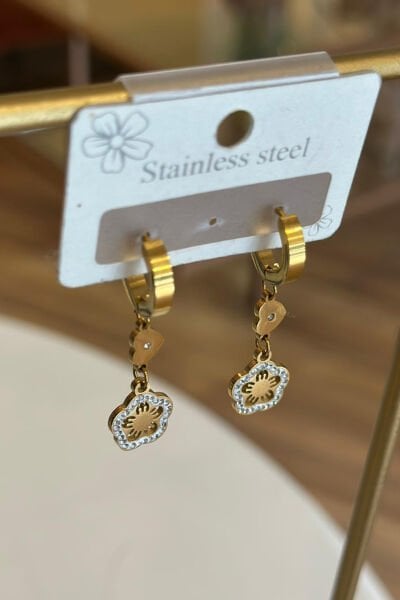 Çiçekli Taşlı Gold Çelik Küpe