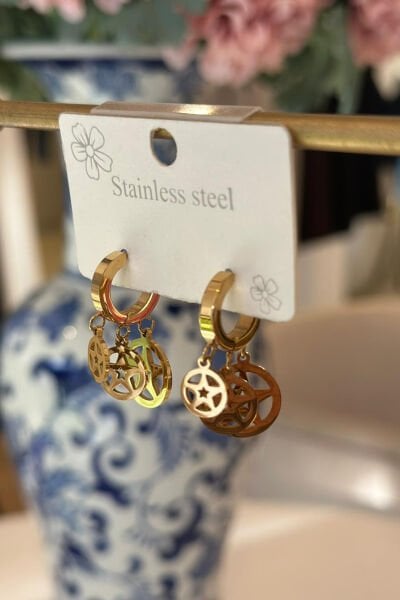 Çoklu Yıldız Gold Çelik Küpe