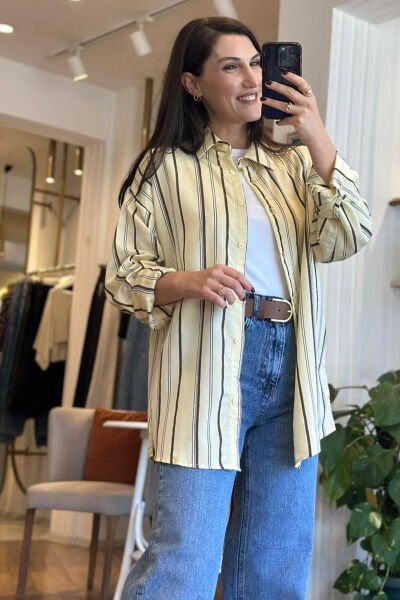 Sarı  Kahverengi Çizgili Oversize Gömlek