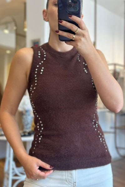 ZR Kahverengi Yumuşak Dokulu Taş Baskılı Süveter