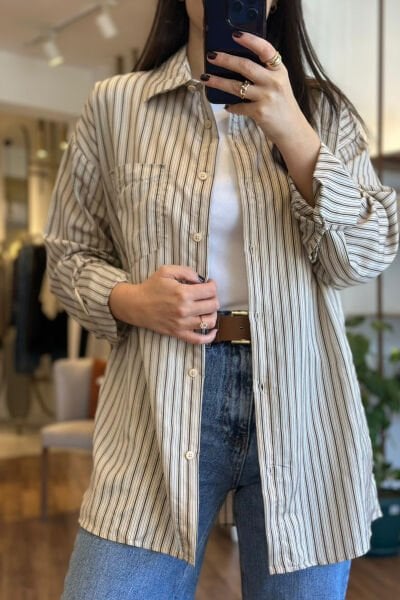 Bej Kahverengi Çizgili Oversize Gömlek