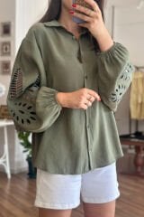 Haki Nakışlı Oversize Gömlek
