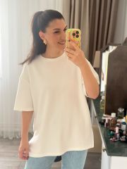 Beyaz Bisiklet Yaka Oysho Modal Kumaş Yanı Yırtmaçlı Tshirt