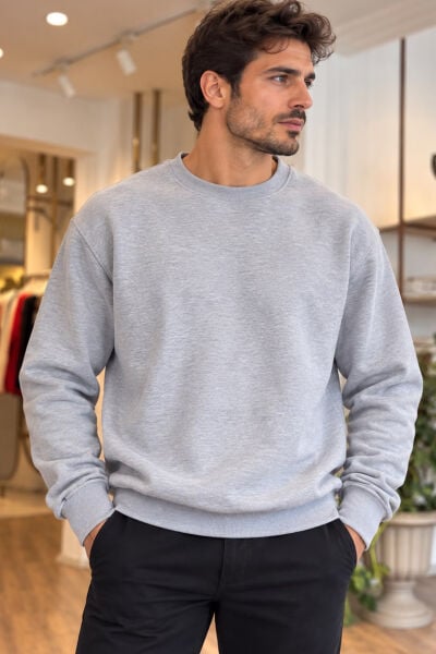 Unisex Gri Bisiklet Yaka Pamuklu Oversize Sweatshirt