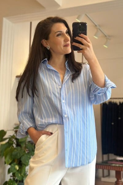 Mavi Beyaz Oversize Gömlek