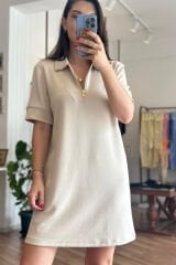 Polo Yaka Yarım Fermuarlı Krem Rengi Model Kumaş Elbise