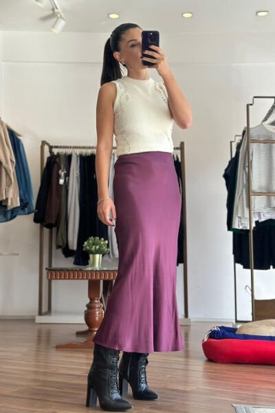 Mürdüm Beli Lastikli İpek Saten Midi Boy Etek