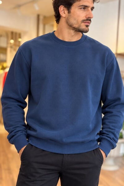 Unisex Lacivert Bisiklet Yaka Pamuklu Oversize Sweatshirt