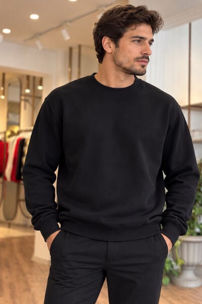 Unisex Siyah Bisiklet Yaka Pamuklu Oversize Sweatshirt