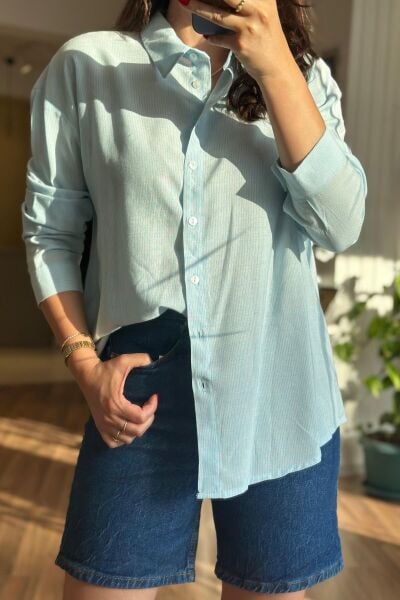 Açık Mavi Çizgili %100 Pamuklu Gömlek