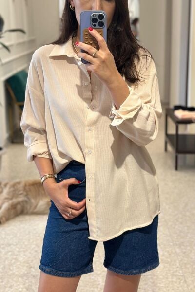 Pudra Rengi Çizgili %100 Pamuklu Gömlek