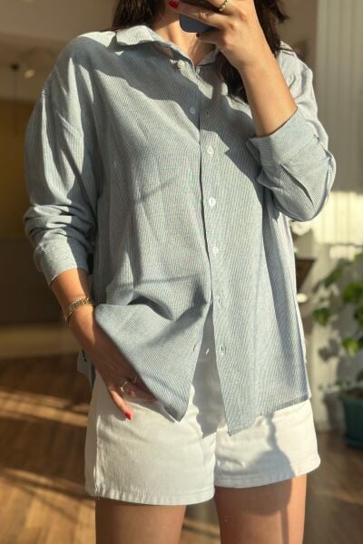 Koyu Mavi Rengi Çizgili %100 Pamuklu Gömlek