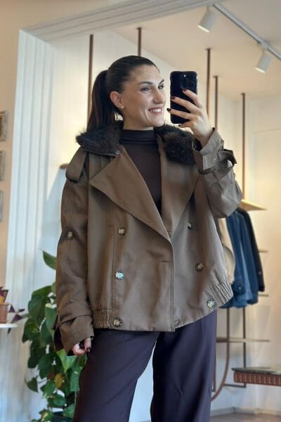 Yakası Kürk Detaylı Kahverengi Bomber Ceket