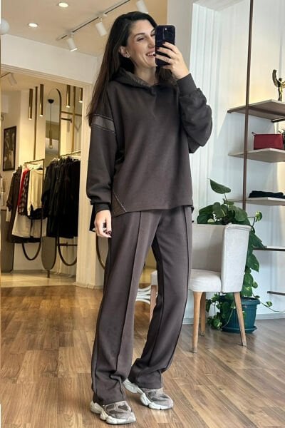 Kahverengi Kapşonlu Modal Alt-Üst Eşofman Takımı