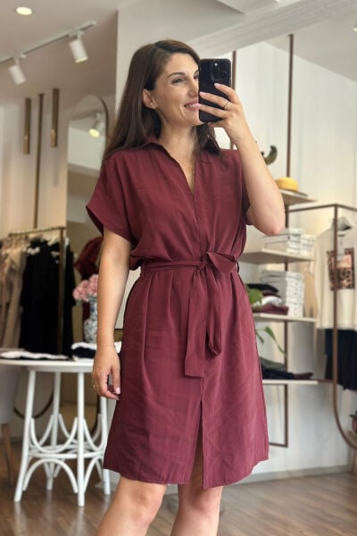 Bordo Tensel Kumaş Beli Kuşaklı Midi Boy Elbise