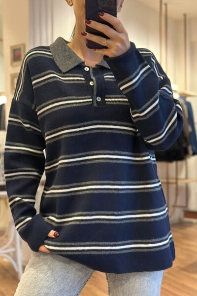 Lacivert Çizgili Polo Yaka Standart Beden Triko
