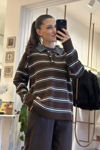 Kahve Çizgili Polo Yaka Standart Beden Triko