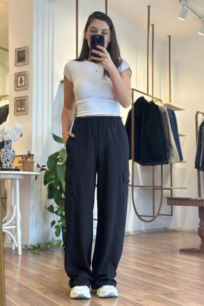 Siyah Kargo Cepli Modal Kumaş Eşofman Altı