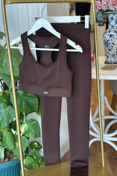 Kahverengi Spor Tayt ve Bralet Takım